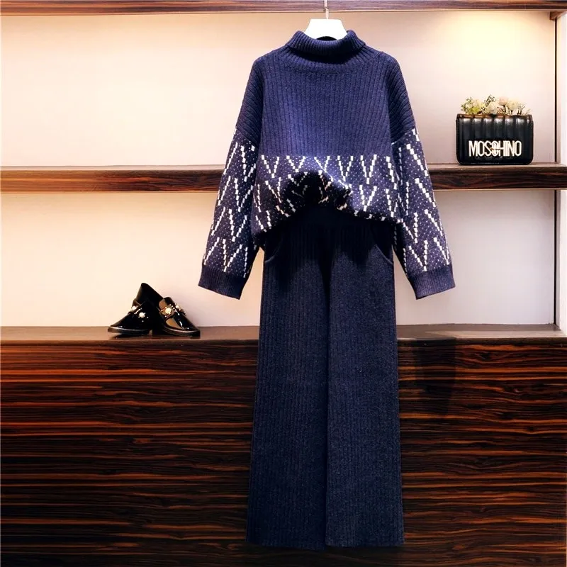 Amolapha Женская водолазка свободные вязаные пуловеры свитер+ широкие брюки вязаный комплект из 2 предметов зимний женский вязаный брючный костюм - Цвет: Тёмно-синий