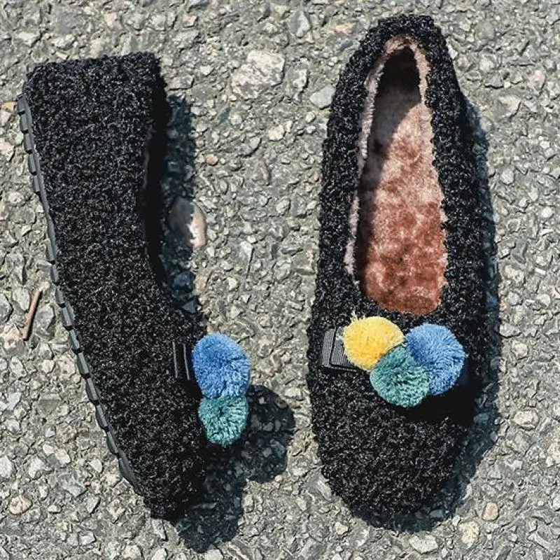 

Woman Bow Pompom Wool Flats Winter Fur Slip On Women Warm Plush Flat Shoes Comfortable Loafers Moccasins Woolings lady Footwear