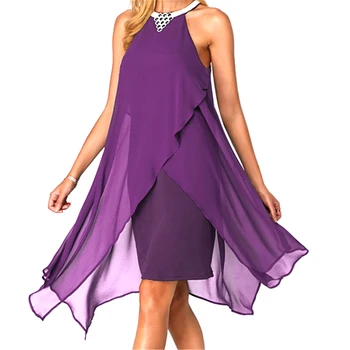 

Z Women Summer Round Neck Solid Color Strapless Halter Hanging Neck Chiffon Sleeveless Slim Knee Length Casual Irregular Dress