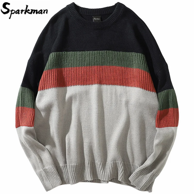 

Color Block Patchwork Sweater Pullover Hip Hop Men Knitted Sweater Retro Vintage 2019 Streetwear Striped Sweater Cotton Autumn