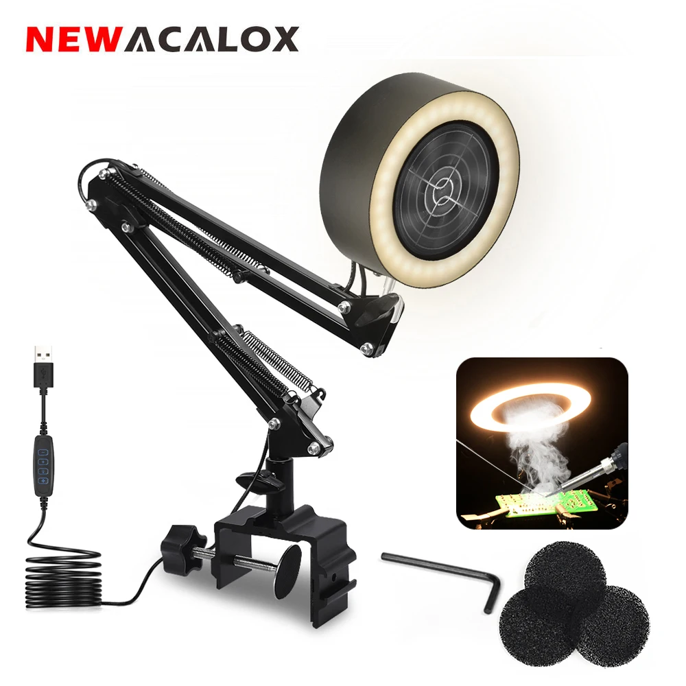 NEWACALOX Soldering Iron Smoke Absorber USB Fume Extractor with Active Carbon Filter Sponge 3 Colors LED Light for Welding Work