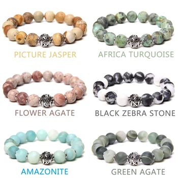 

Silver Color Craft Charm Bracelets For Men 10 mm Matte Natural African Turquois Beads Bracelet Women Handmade Elastic Pulseras