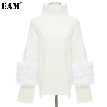 

[EAM] Vent Feather Big Size Knitting Sweater Loose Fit Turtleneck Long Sleeve Women Pullovers New Fashion Tide Spring 2020 1R057