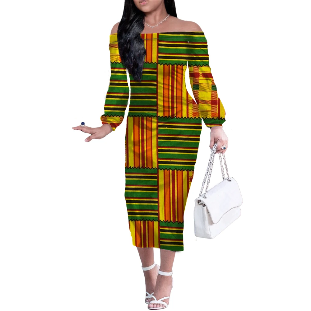 Hycool Ankara African Kente Tribal Women'S Clothing With Free Shipping Dresses Off Shoulder Elegant Ceremony Long Party Dresses