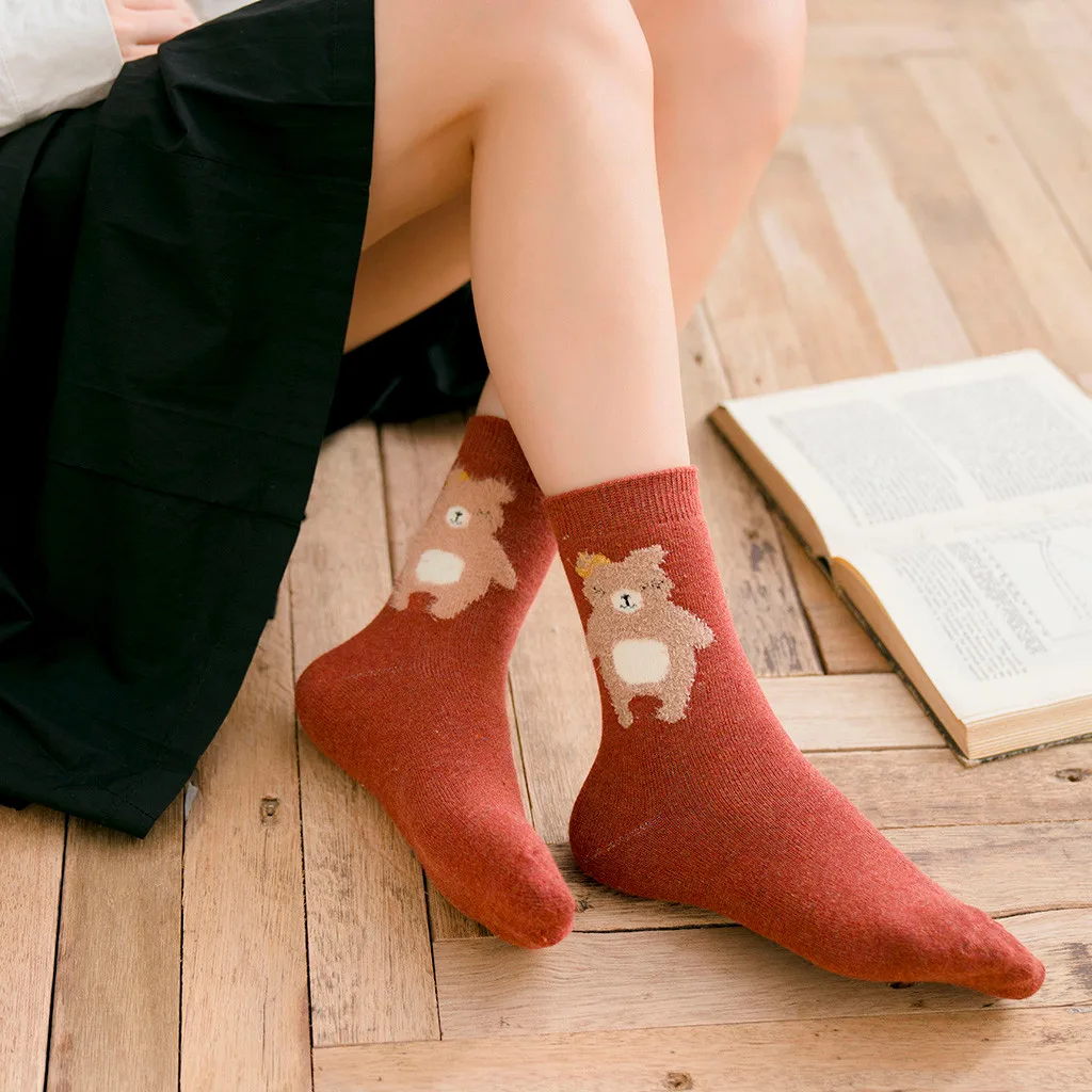 5 пар, женские хлопковые носки до середины ноги, милый медведь, стильные женские теплые носки, Осень-зима, цветные мягкие носки T4