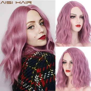 

AISI HAIR Short Pink Wavy Wigs for Women Synthetic Wigs Blue Wig Partial Division Heat Resistant Fiber Cosplay Wig
