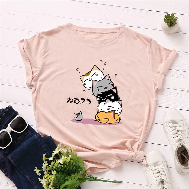 Новая женская футболка размера плюс S-5XL с милым принтом кота и буквами, хлопок, круглый вырез, короткий рукав, летняя футболка, топы, Повседневная футболка - Цвет: A0460-fense