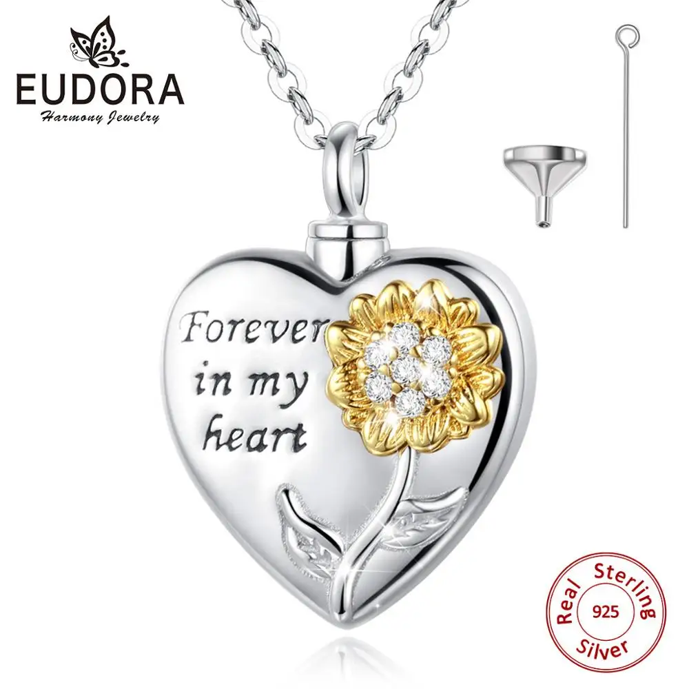 

Eudora 925 Sterling Silver Sunflower Keepsake Heart Locket Necklace CZ Pendant Memorial Urn Jewelry for Cremation Ashes Of Loved