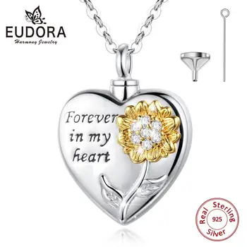 

Eudora 925 Sterling Silver Sunflower Keepsake Heart Locket Necklace CZ Pendant Memorial Urn Jewelry for Cremation Ashes Of Loved