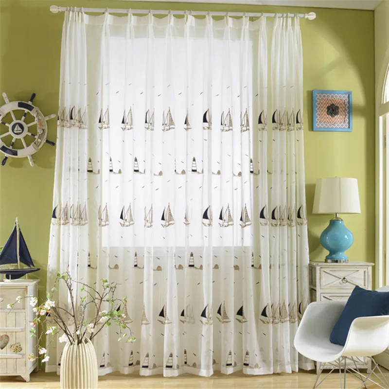 Sailboat embroidered tulle Curtains for living room bedroom cartoon window curtain sheers for boy kids girl room drapes