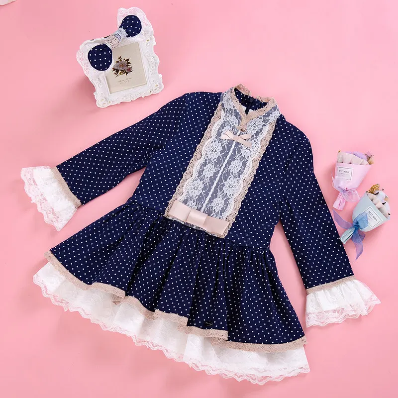 Cutestyles for Girls Dress Navy Lace Sash Polka Dots Dresses Vintage Boutique Spring Autumn Children Kids Clothes G-DMGD007-A145