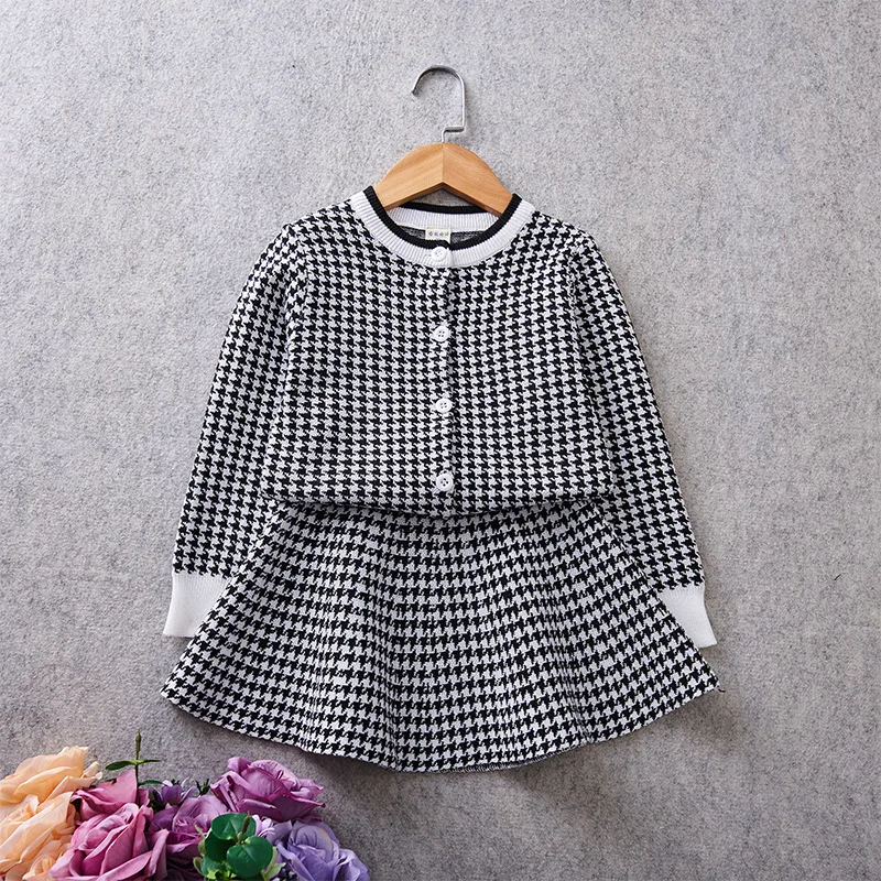 

2019 Spring Childrenswear Girls Thousands of Birds Knitting Suit Korean-style Children Western Style Sweater Cardigan Short Skir