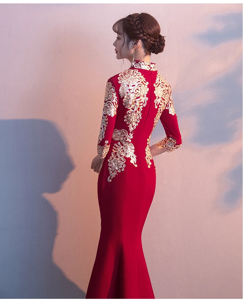 Chinoise Вышивка Русалка длинное Cheongsam красное Восточное вечернее китайское платье-Ципао современные элегантные тонкие платья китайское свадебное платье