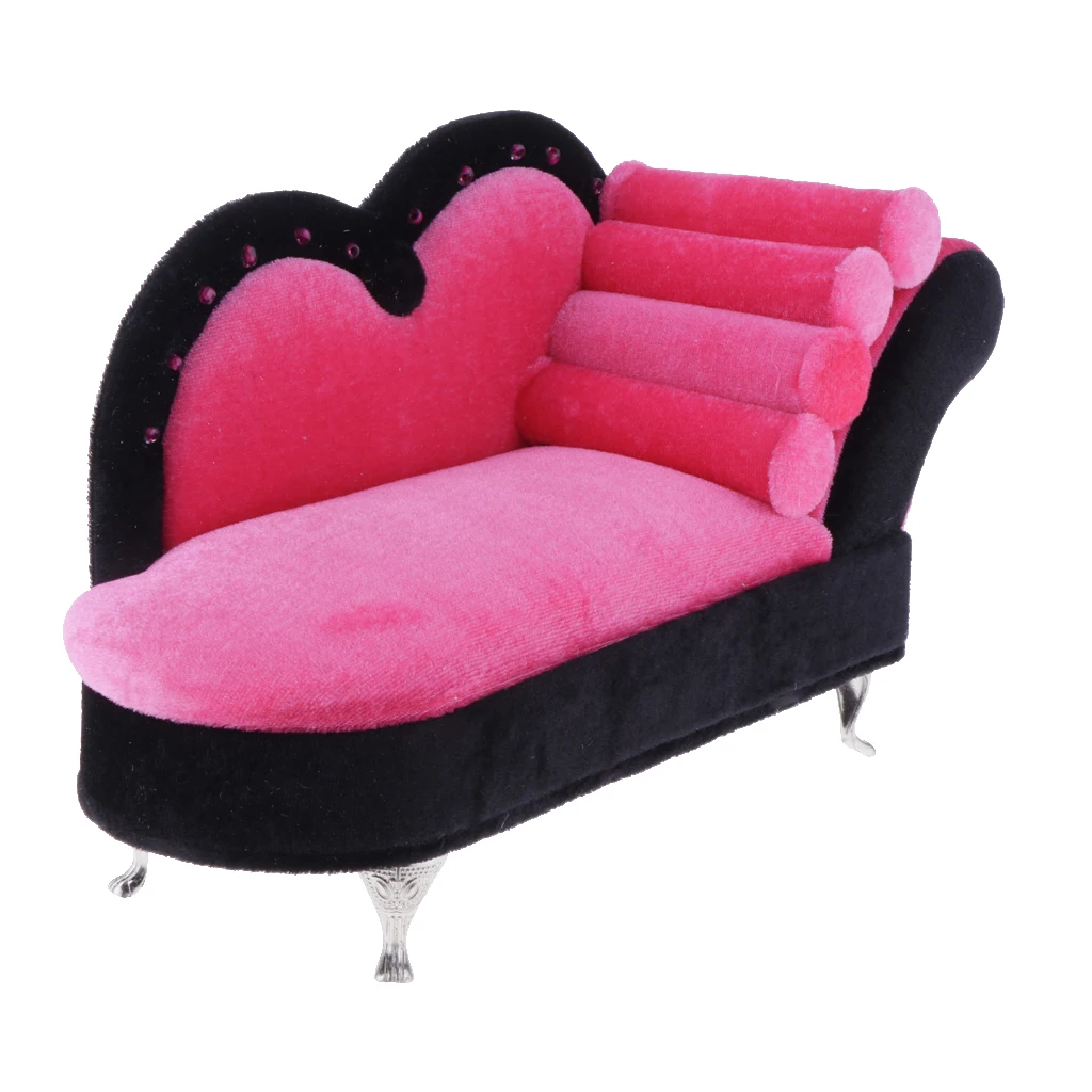 1/6 Scale Fashion Dolls House Miniature Chaise Lounge Recliner Long Sofa Furniture Model Decor Pink+Black