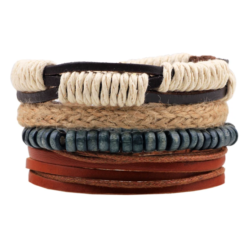 O 1 комплект Многослойный кожаный браслет мужские ювелирные изделия Boho Рок Браслеты из дерева для женщин винтажные браслеты и браслеты - Окраска металла: O