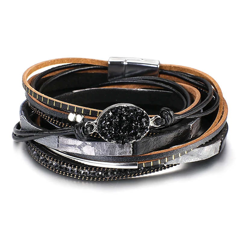 Leather Braided Bracelet Leather Bracelet Charm Bracelet Multilayer Genuine Leather Bracelets for Women Men Fashion Boho Resin Charm Rhinestone Chain Wrap Bracelet Femme Jewelry