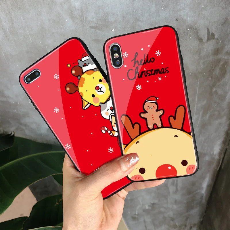 

moskado Christmas Style Phone Case For iPhone X XR XS MAX 7 8 7Plus 6 6S Plus Happy Winter Tempered Glass Back Cover Cute Case