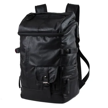 

Large Capacity Solid Black Leather Men Backpack Casual Travel Daypack For Man Student School bag Rucksack Male