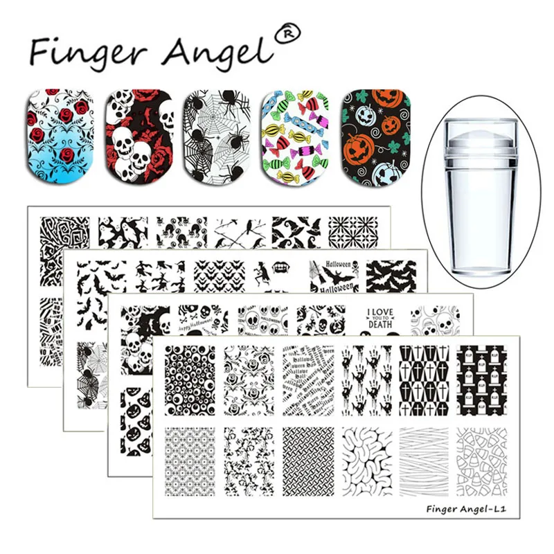 Finger Angel 4 шт. 6*12 см ногтей штамп пластины Хэллоуин стиль сахар/Череп/Тыква Лампа изображение с белым держателем+ 1 шт прозрачный штамп# F14