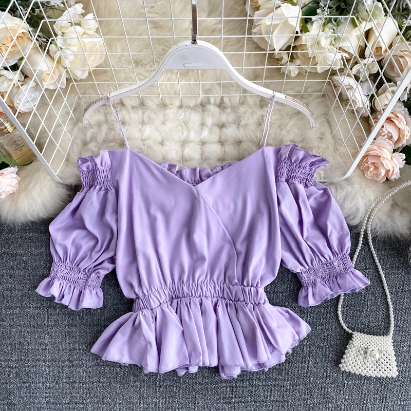 

2020 Fashion Off Shoulder Blouses Women Puff Sleeve Shirts Chic Short Tops Square Collar Chiffon Shirt Feminine Clothes Purple