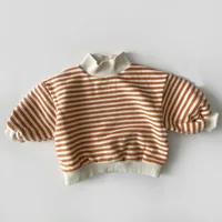 Baby Girls Striped Tops 2023 Autumn Winter New Kids Thicken Warm High-neck Sweatshirt Cotton Clothes Toddler Boys Tees 2