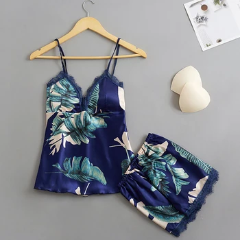 

Ice Silk Lingerie Pajamas Set Sexy Lace Leaves Floral Printed Pijamas for Women Cami Tops with Pad+nightwear Shorts Sleepwear