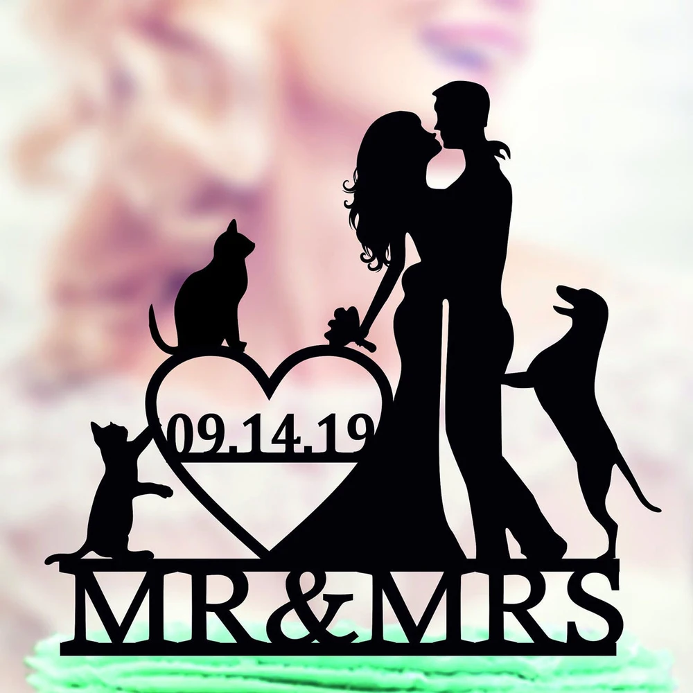 thumbnail image 2 of Mr & Mrs Cake Topper With Pets - Silver Glitter Wedding Cake Decor With Cat & Dog Silhouettes 2 of 14