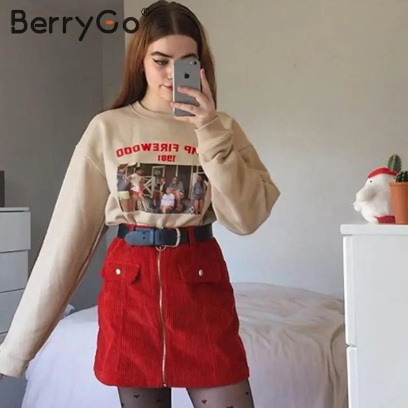 BerryGo повседневные уличные футболки женские осенние зимние модные женские футболки женские футболки с длинным рукавом и круглым вырезом с принтом