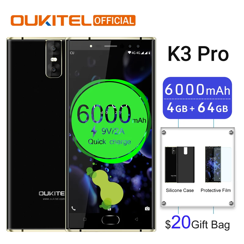 Мобильный телефон Oukitel K3 Pro MT6763, четыре ядра, 4 ГБ, 64 ГБ, 4 камеры, 13 МП+ 2 Мп, 5,5 дюйма, двойной экран 2.5D, 6000 мА/ч, 9 В/2 А, смартфон для распознавания лица