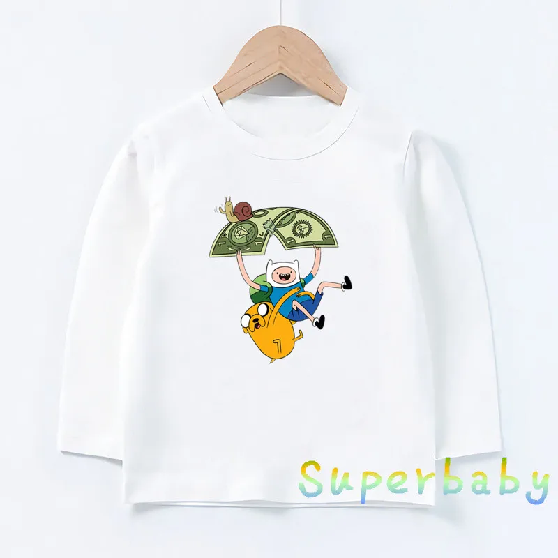 Детская футболка с изображением Финна из Adventure Time and Jake, Забавные топы с рисунком для маленьких мальчиков и девочек, Детская футболка с длинными рукавами, LKP5200