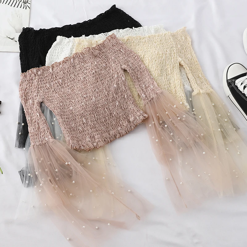 

Women Flare Sleeve Slash neck Lace Pearl Bead Basic Ruffles Shirt Vintage Short Elastic Mesh Gauze Voile Sexy Crop Blouse Tops