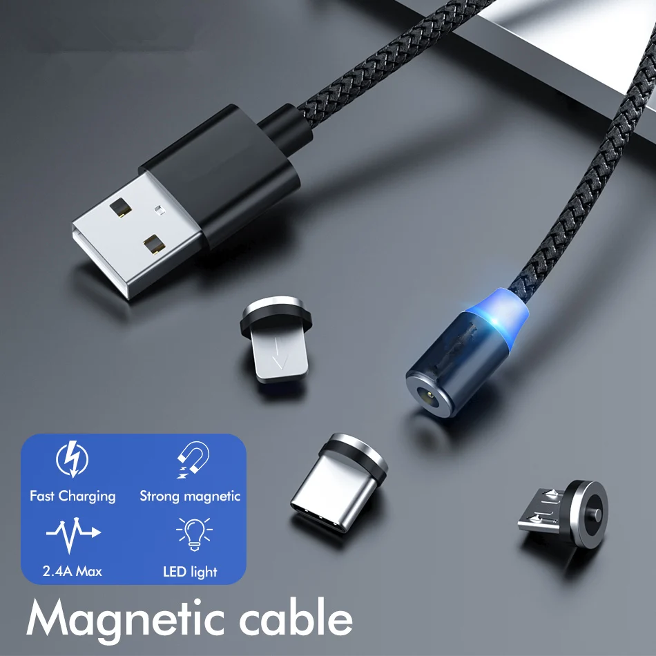 Магнитный USB кабель type C Плетеный светодиодный зарядный Micro шнур для мобильного