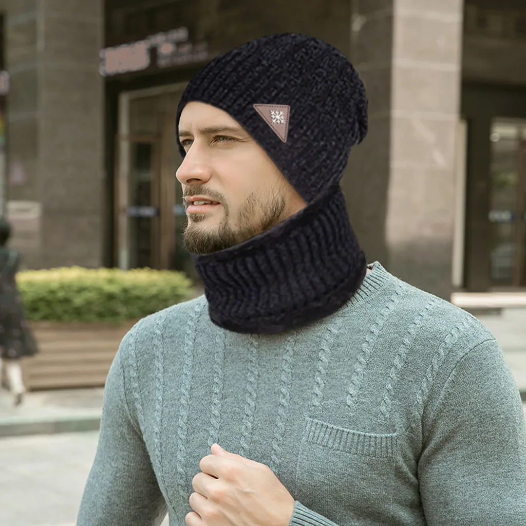 Beanies, зимняя шапка, мужская шапка, зимняя шапка, одноцветная шапка с воротником, набор, плюс бархат, толстая вязаная шапка и глушитель, шапка бини, Muts#2O21