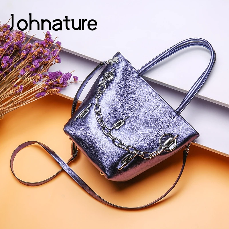 Johnature Genuine Leather Fashion Metal Chain Bucket Women Bag New Solid Color Hasp Soft Cowhide Shoulder& Crossbody Bags