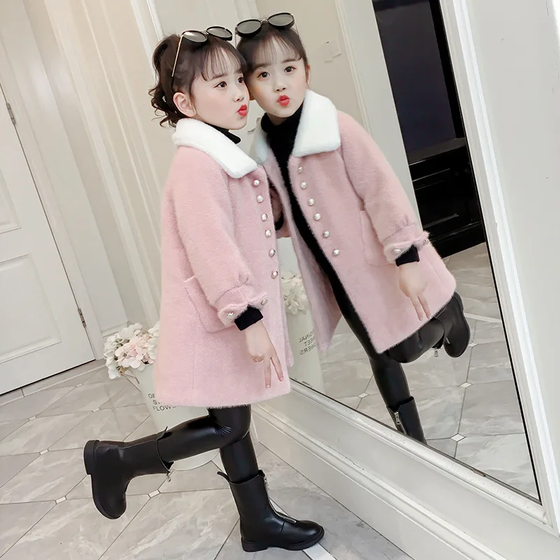 

High Quality Girls Winter Woolen Jackets Coats Imitated Mink Cashmere Kids Parkas Coat For Girls Outerwear Children Clothing
