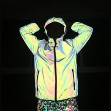 Цветной, отражающий Куртки Мужчины осень длинные рукава с капюшоном в стиле хип-хоп Уличная Топы ночное блестящая молния пальто куртка плюс размер 3XL