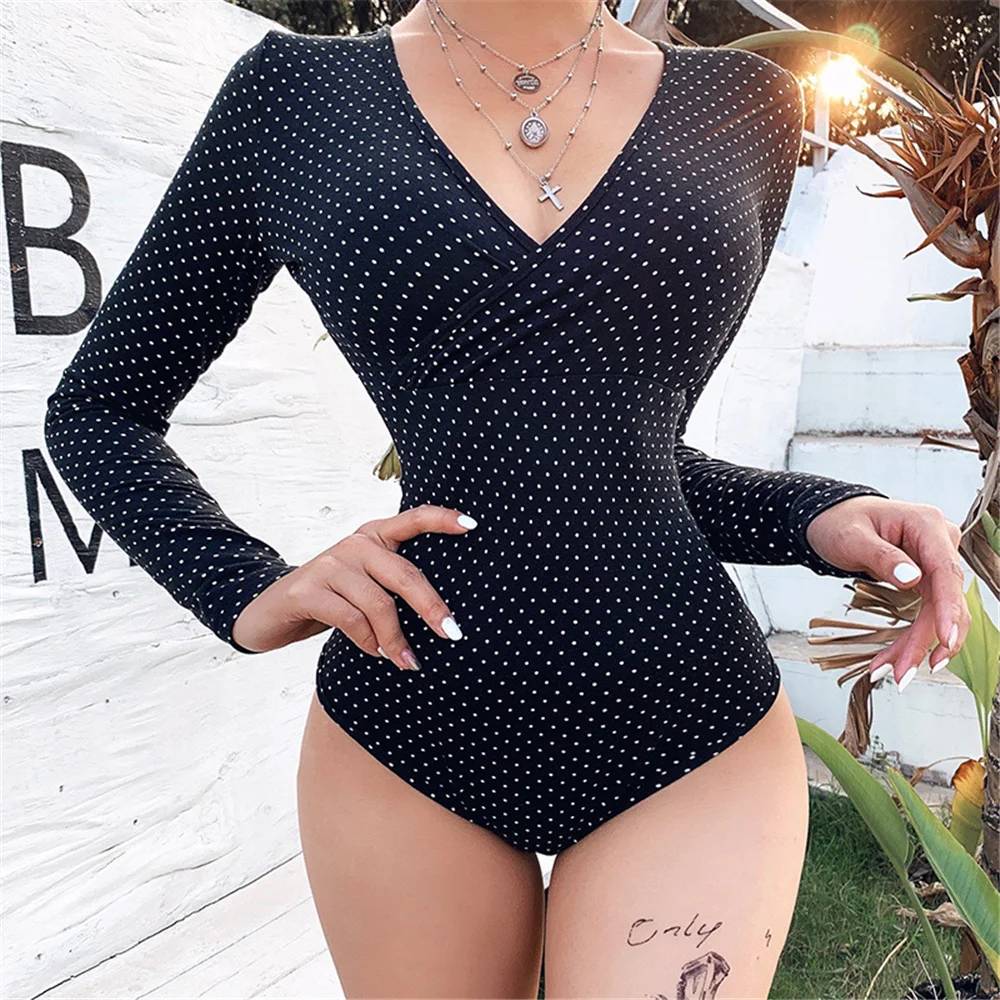 

Three-Ratel Women Sexy V neck Cross Low Cut Bodysuit Long Sleeve Polka Dot Elegant Fashion Bodycon Jumpsuit Party Club Slim Body