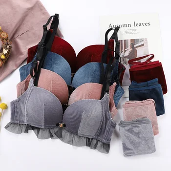 

Front Closure Push Up Brassiere Panties Sexy Wire Free Bra Set For Women Underwear Lace Patchwork Female Velvet Lingerie Briefs
