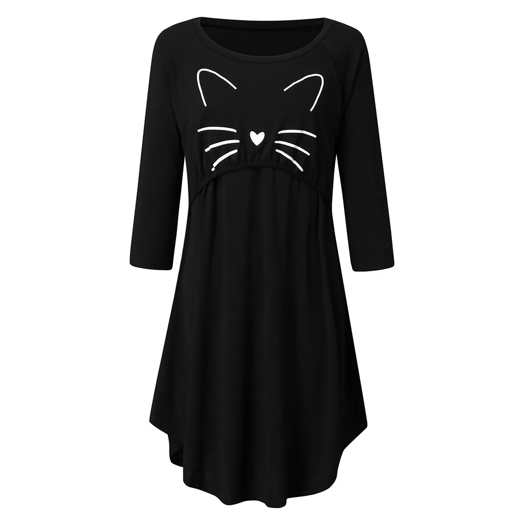 

TELOTUNY Maternity 3/4 Sleeve Cartoon cat Printed Nursing Dress Women pregnant Breastfeeding Maxi Dress ZS12