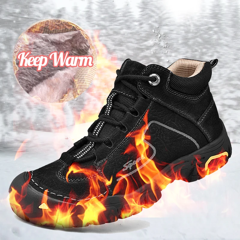 Hiking Shoes Men Winter Snow Shoes Comfortable First Layer Cowhide Leather Outdoor Men Hiking Casual Sneakers Boots Walk Shoes