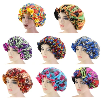 

Extra Large Size Hair Caps African Pattern Satin Bonnet Big Wave Brim Night Sleep Cap Women Flower Turban Hair Styling Tool