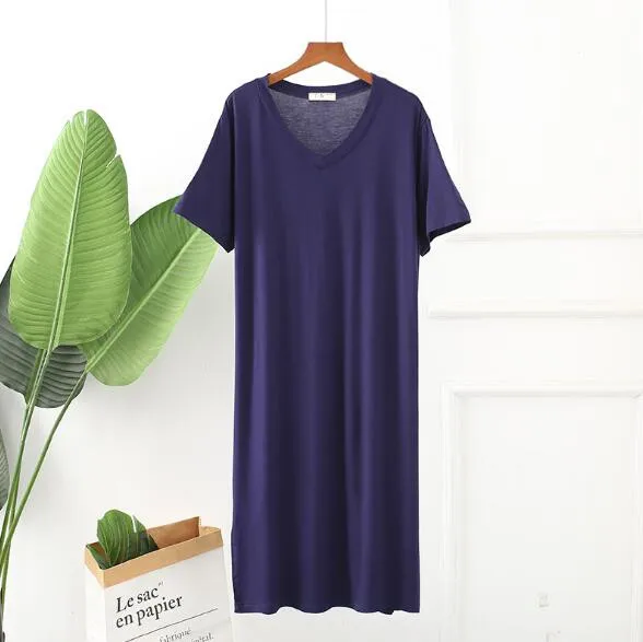 Large size night dress short sleeve modal cotton sleepwear nightgown women nightwear nightshirt night gown loose long dress Women Nightgowns Women Nightdresses Women Pajamas Sleeping Dress