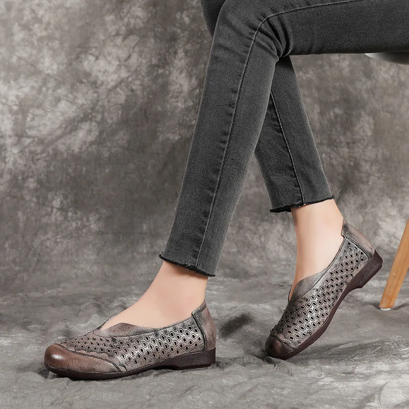 

[] 2019 Summer Soft-Sole round-Toe Genuine Leather Sandals Tendon Soft Low Heel Shoes Casual Comfortable Hollow out WOMEN'S Shoe