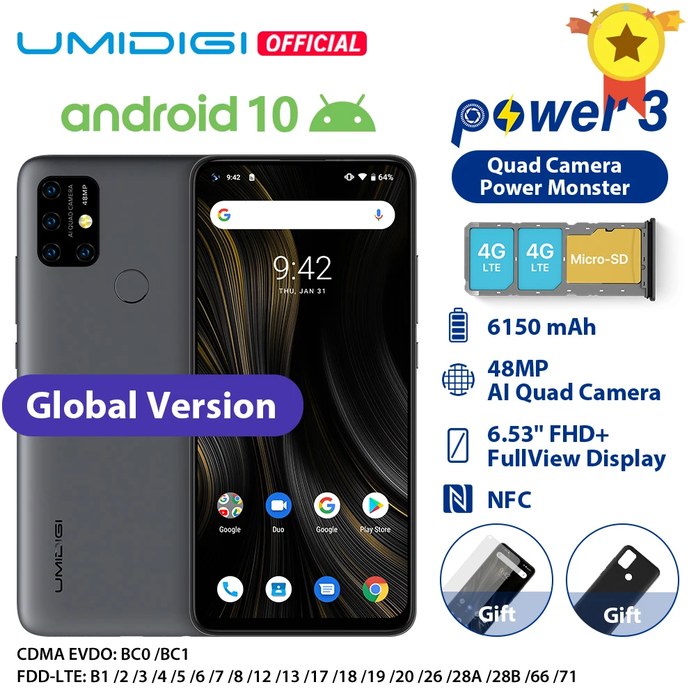 Смартфон UMIDIGI Power 3 Android 10 48 мегапиксельная четырехъядерная AI камера 6150 мАч 6 53 &quotFHD