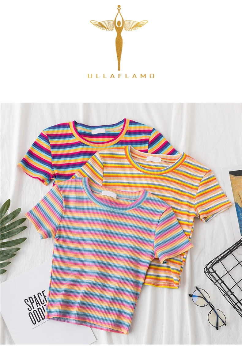 T-Shirt Women cotton Rainbow Striped Tops Harajuku Tshirt Summer Short Sleeve Navel Skinny stitching Korean Punk crop top woman