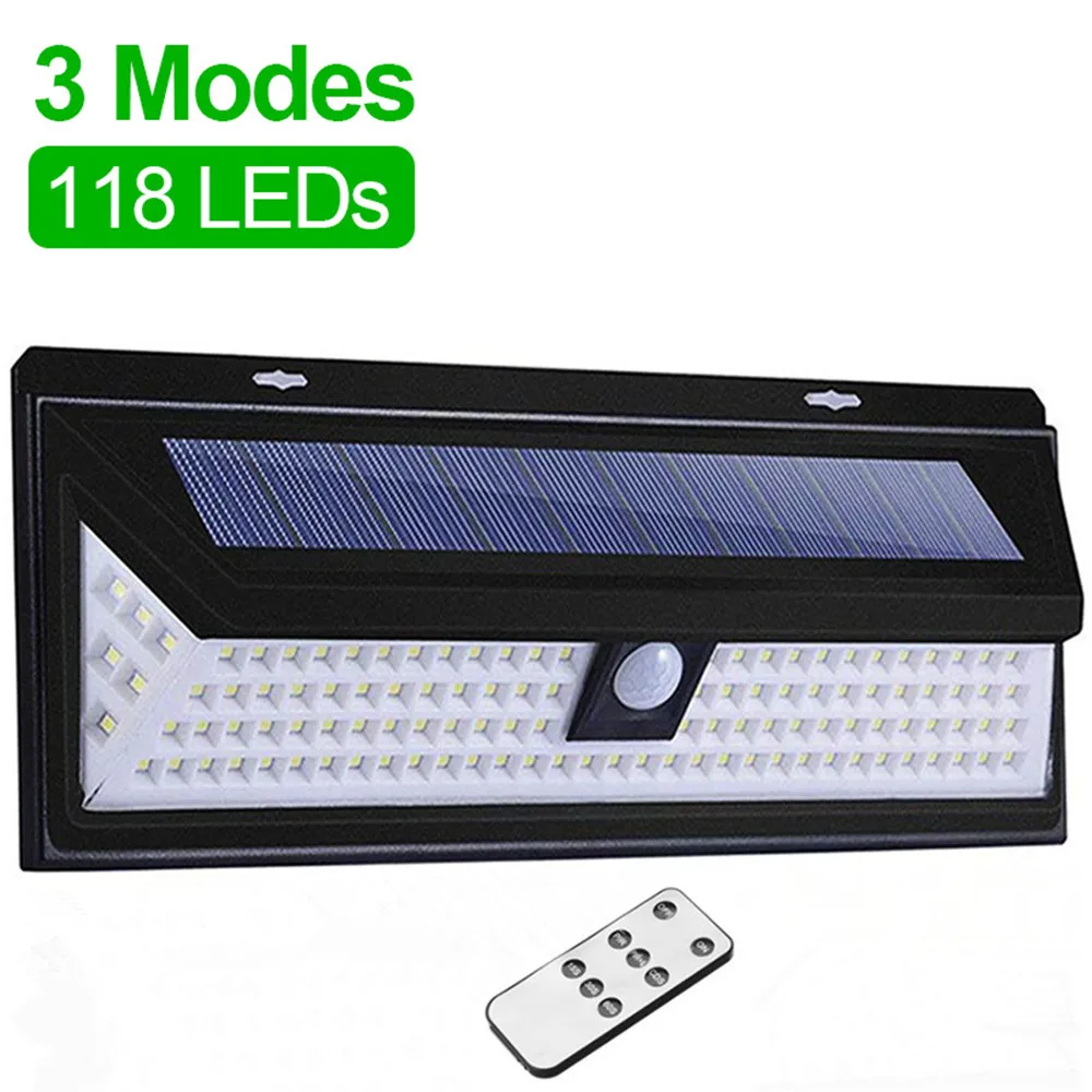 

Three sides 118 LED remote control three function solar light outdoor wall lamp IP65 waterproof PIR motion sensor street light