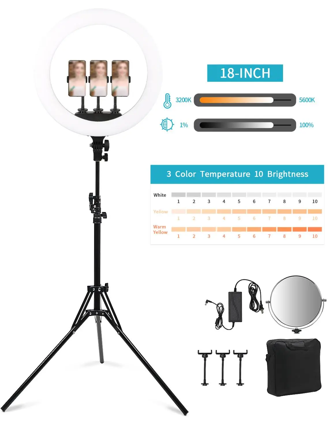 Photo Studio Selfie Ring Light 18 Inch Dimmable LED Lamp for Makeup Youtube Video with Cosmetic Mirror 2M Tripod 3 Phone Holder