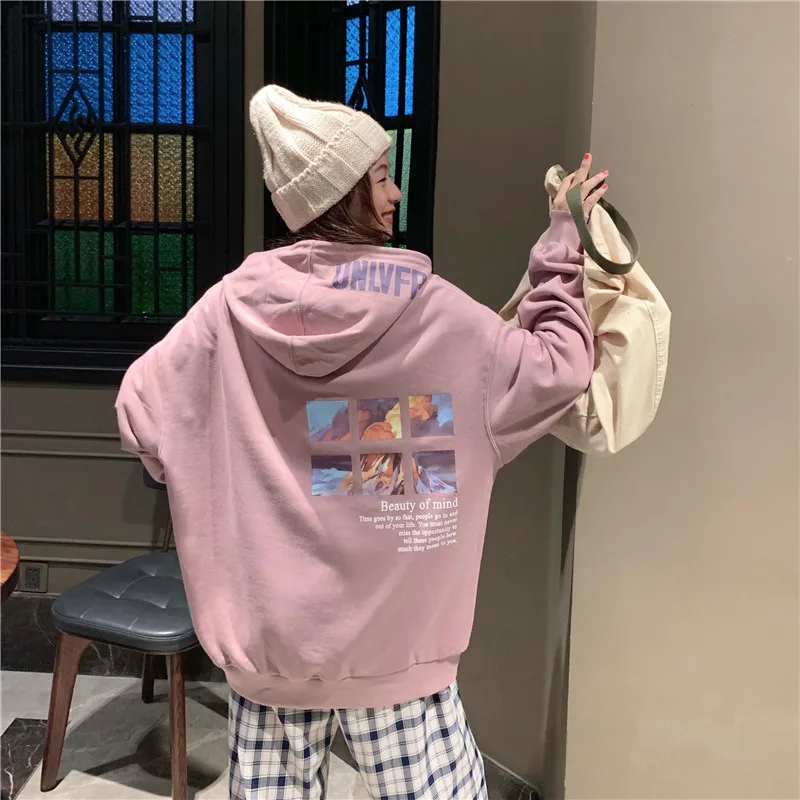 Pink purple Для женщин свитер в Корейском стиле свободные BF Harajuku студентов тонкие ins на раннюю осень ленивый ветра куртка с капюшоном - Цвет: Pink purple