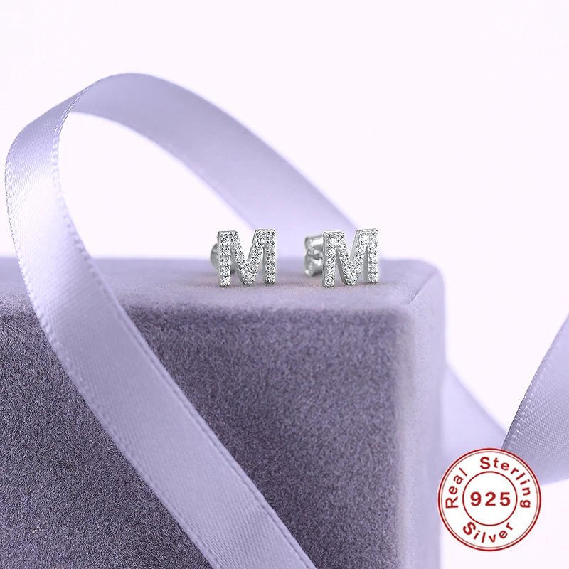 CANNER Small 925 Sterling Silver Alphabet Stud Earrings for Women Exquisite Zircon Cartilage Piercing 26 Letter Earings Jewelry