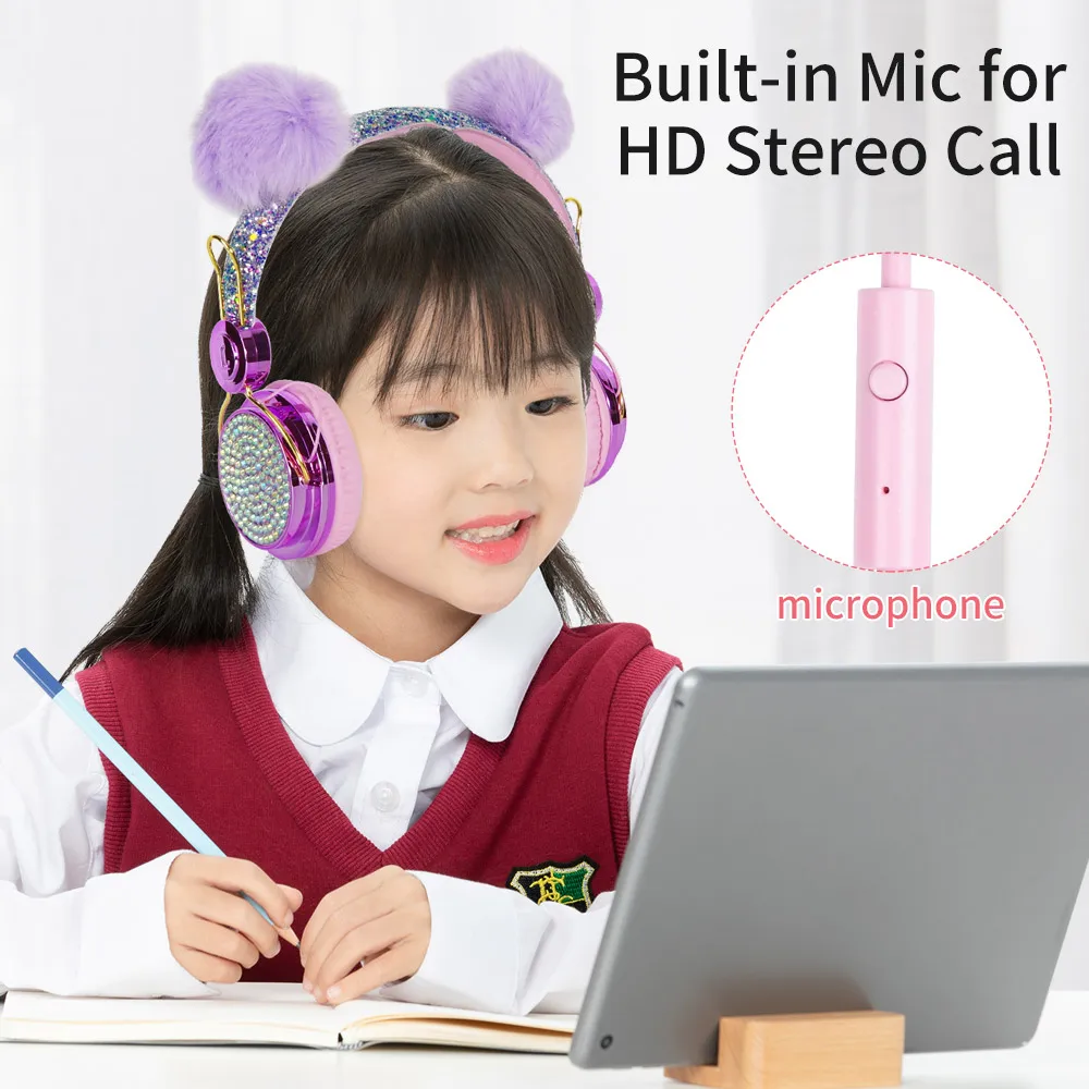 BlueWow B121 Cute Cartoon Diamond Unicorn Wired Headphone Headset For Kids Online Learning